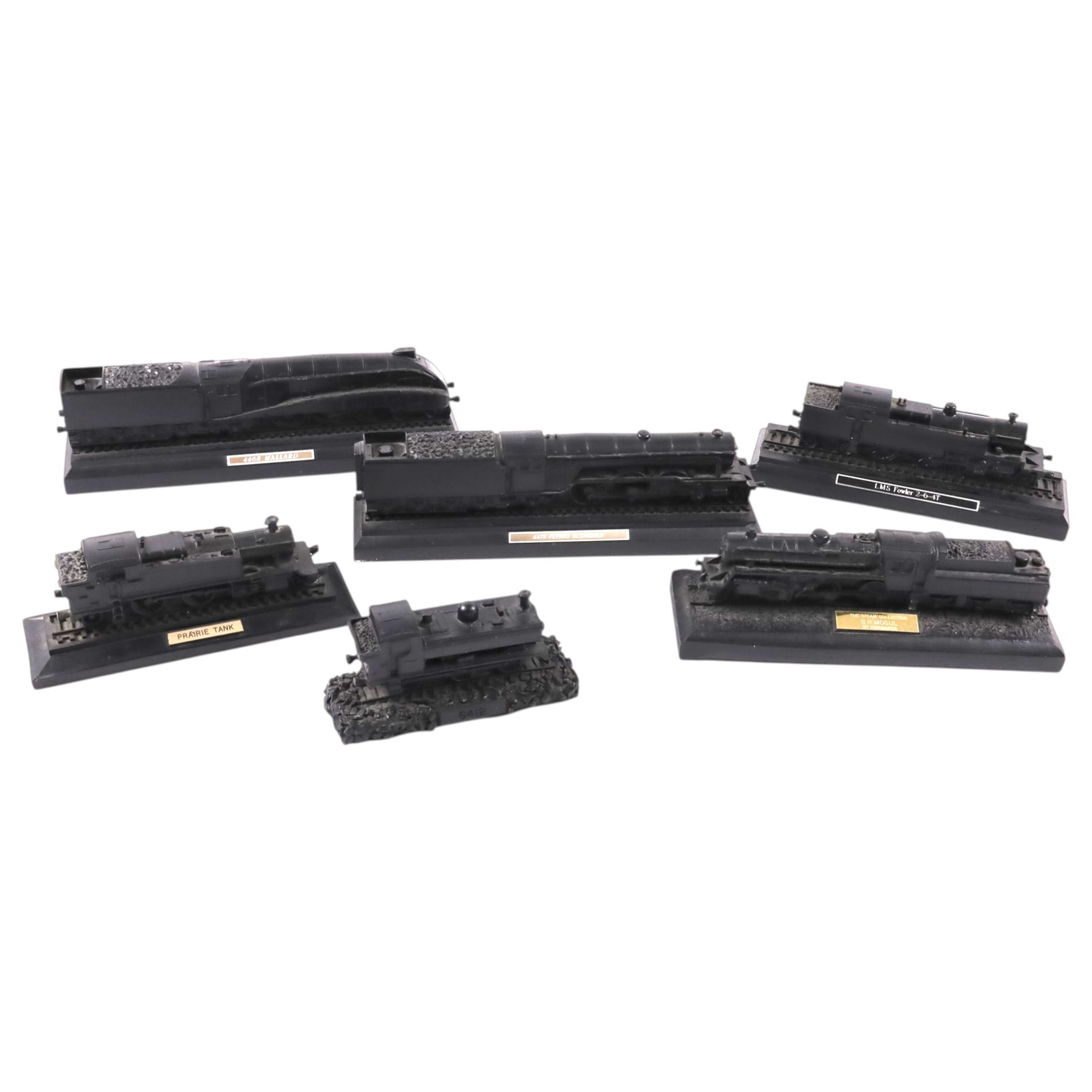 Six British coal models of trains, including Mallard, BR Mogul, Prairie Tank, etc