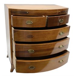 Wooden chest of small proportions, with brushing slide and two small drawers above three long, with drop handles and splayed feet, H44cm L41cm D25.5
