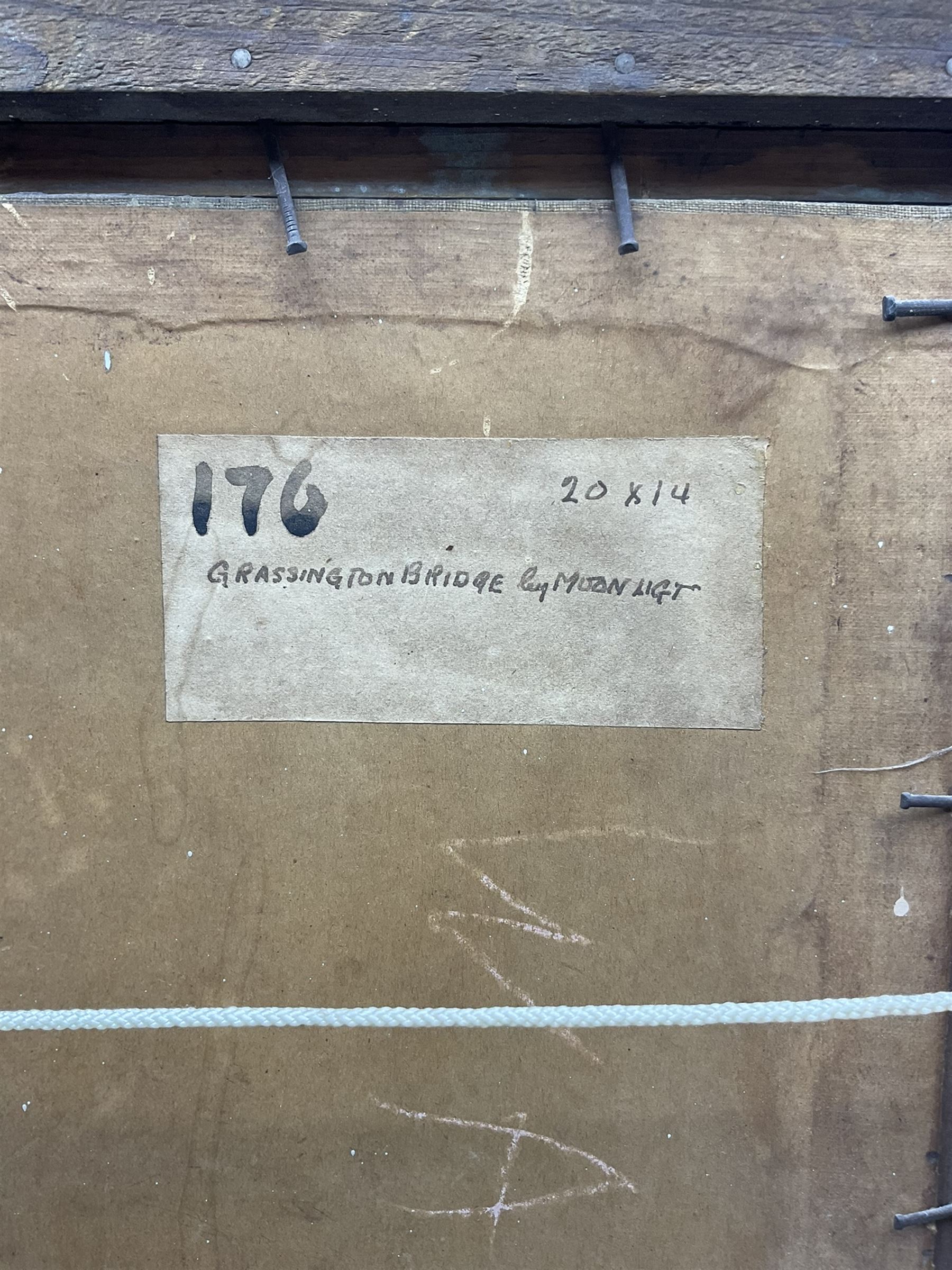 Hurst Balmford (British 1871-1950): 'Grassington Bridge by Moonlight', oil on canvas board unsigned, original title label verso 51cm x 35cm