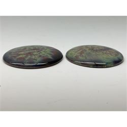 Henry George Murphy (1884-1939), collection of six Arts & Crafts glazed ceramic roundels, of circular form in tones of green, turquoise and brown in soufflé and high fired finishes, D7cm