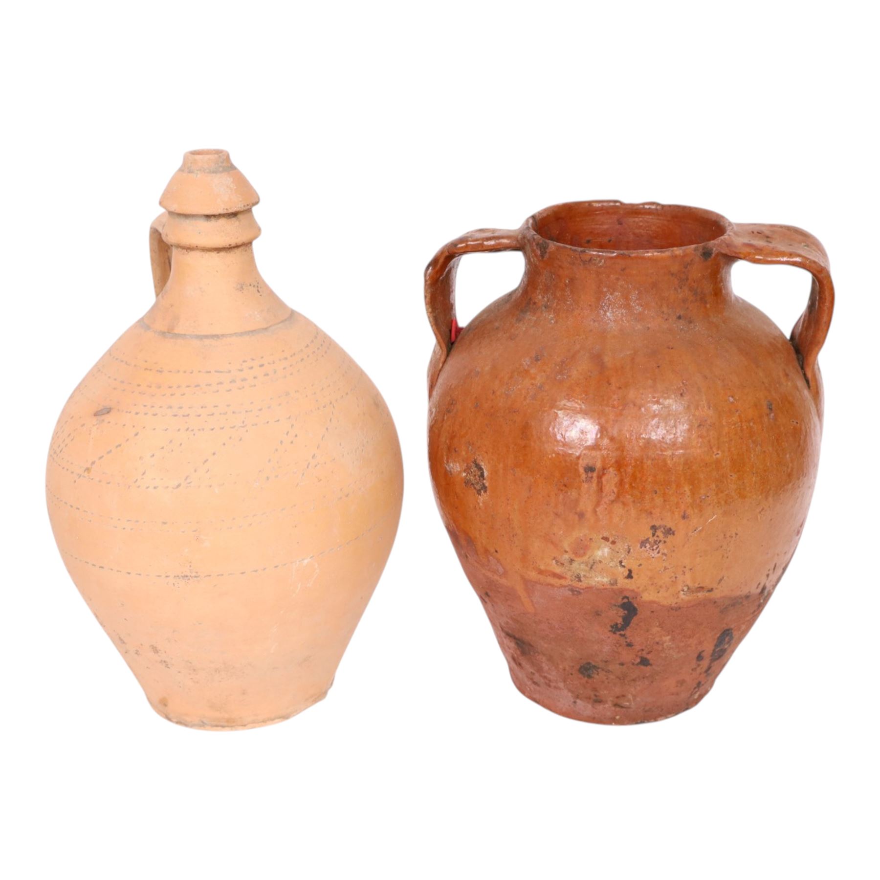 Two twin handled Spanish terracotta pots, together with terracotta pitcher and three similar, largest H35cm 
