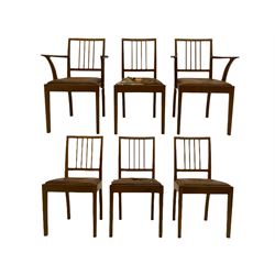 'Acornman' set of six (4+2) oak dining chairs, drop in leather seats, carved Acorn signature