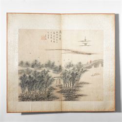 Chinese fold out book, comprising 12 hand-coloured woodblock landscapes each bearing inscription and artists seal  