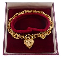 9ct gold engraved fancy link bracelet with pierced heart clasp, hallmarked 