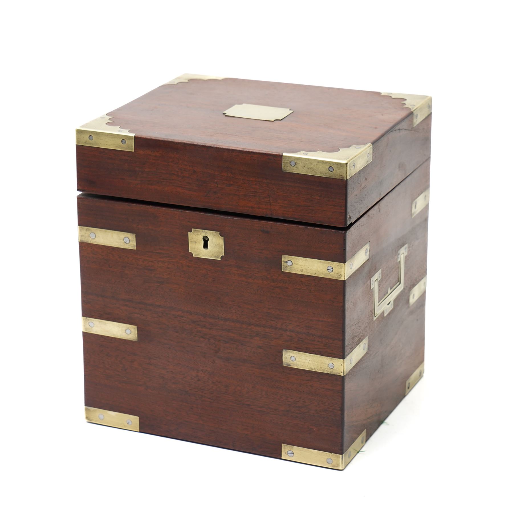 Victorian mahogany brass bound campaign style decanter box, with twin brass countersunk handles, containing four decanters, H23cm 