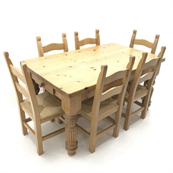 Solid pine table, turned tapering reeded supports (W153cm, H79cm, D91cm) and set five beech ladder back dining chairs, rush seat, square supports (W48cm)