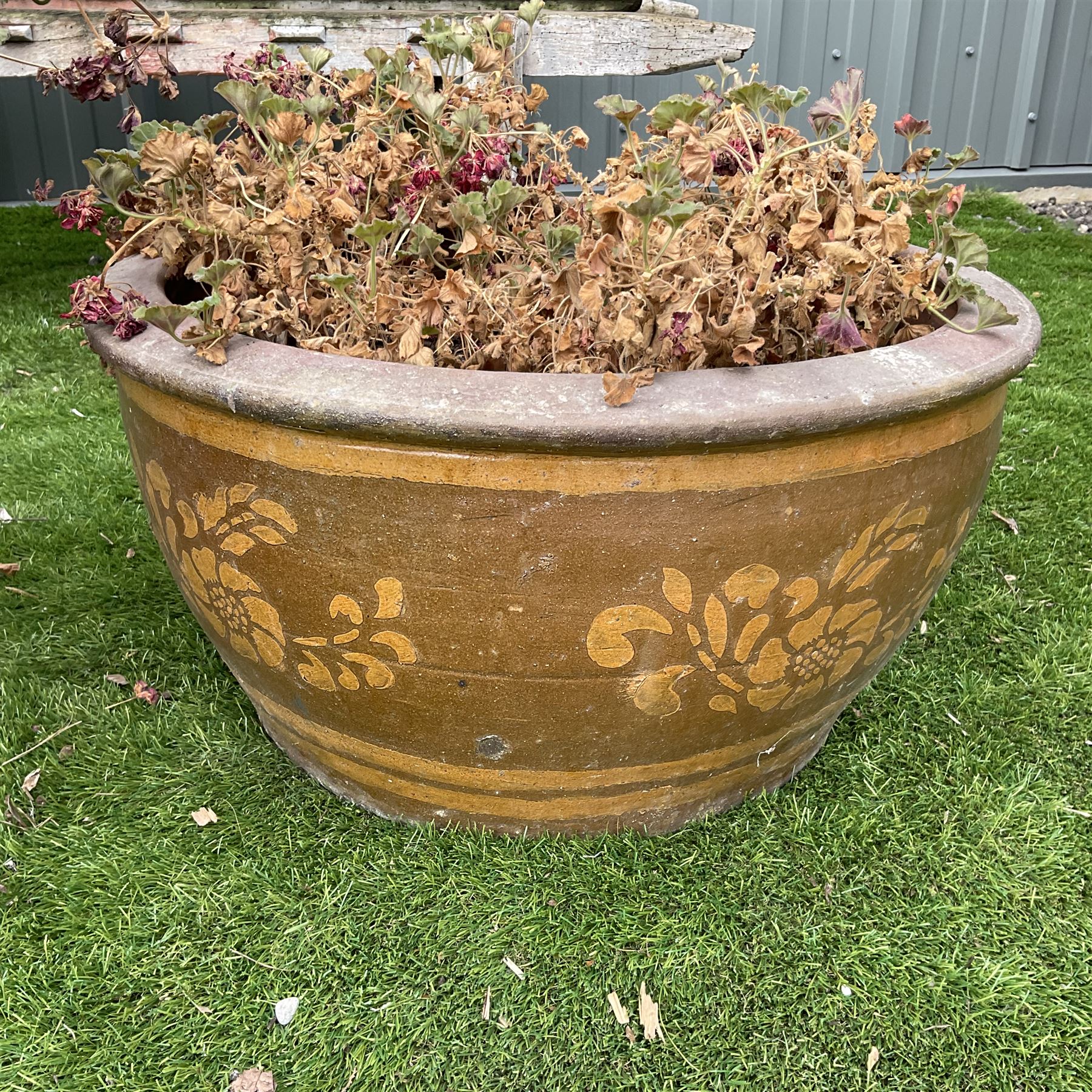 Two large circular painted garden pots - THIS LOT IS TO BE COLLECTED BY APPOINTMENT FROM DUGGLEBY STORAGE, GREAT HILL, EASTFIELD, SCARBOROUGH, YO11 3TX