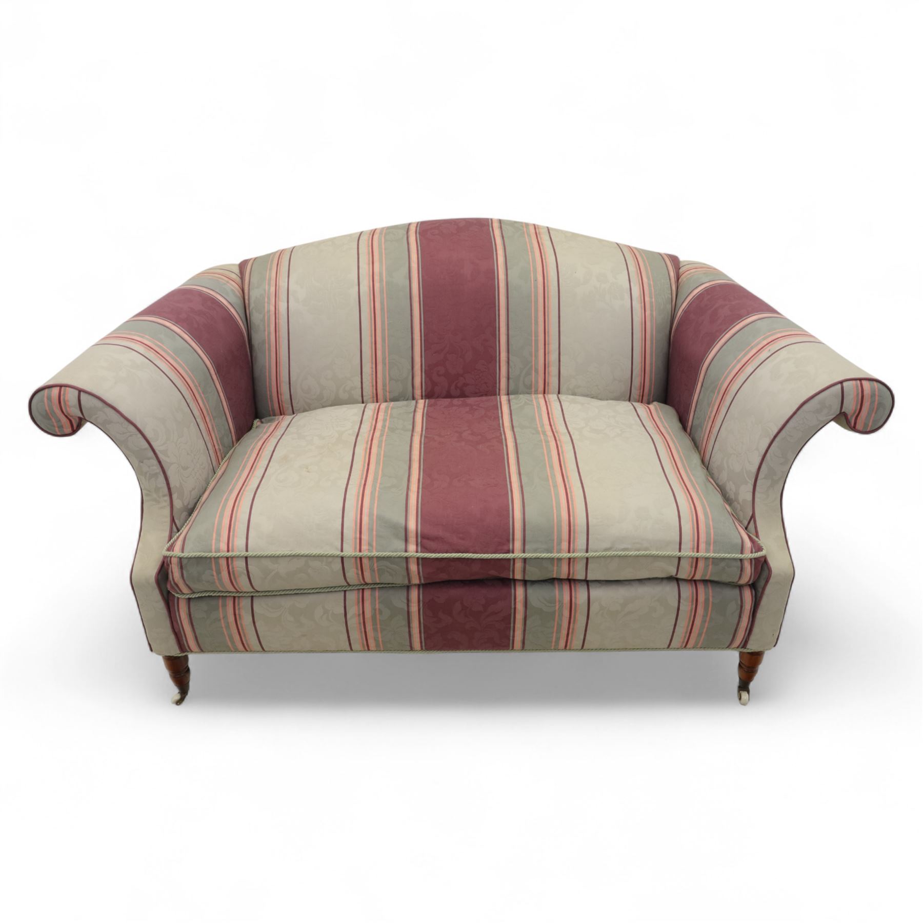 Traditional design two seater sofa, upholstered in striped blue and purple fabric