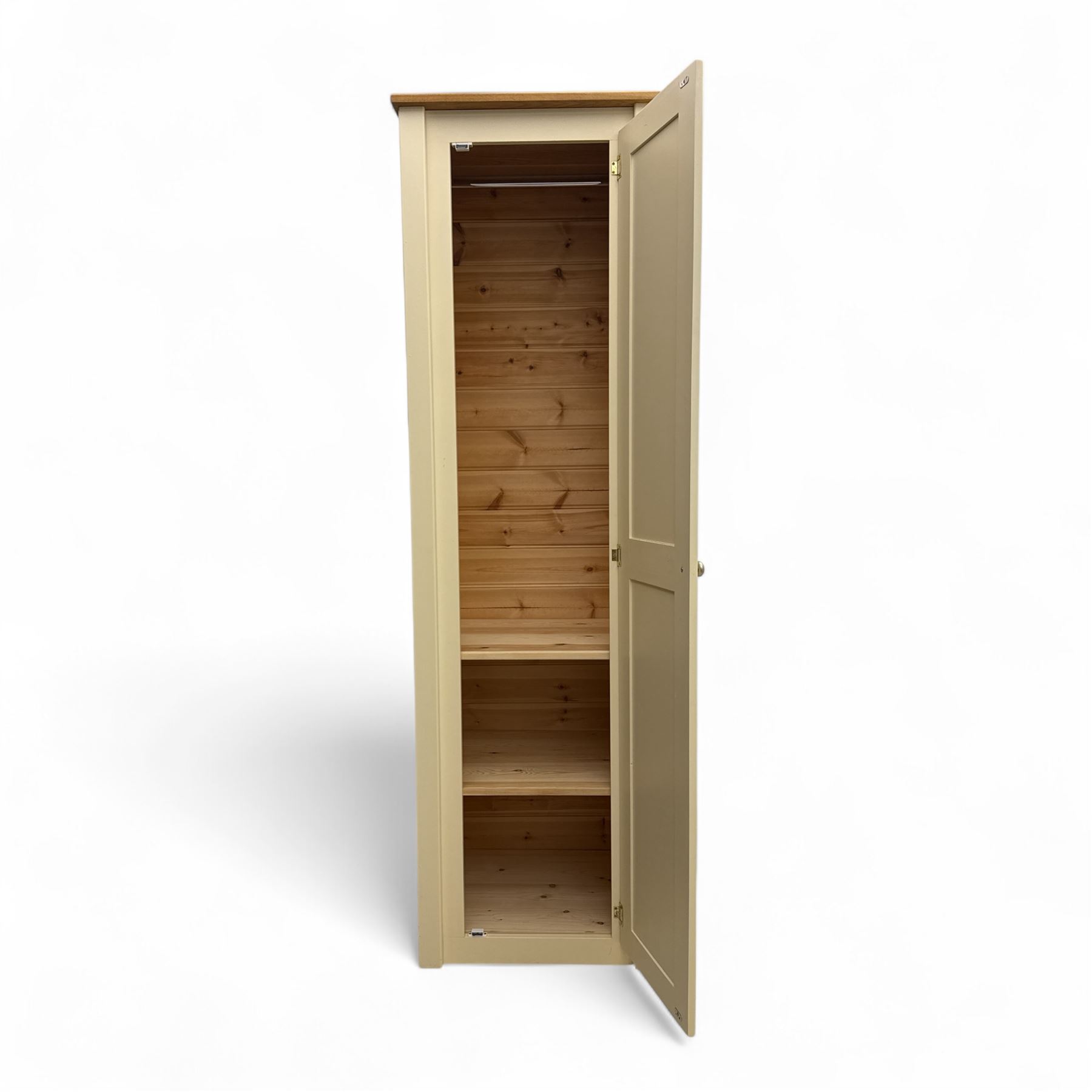 Contemporary painted pine single wardrobe, rectangular oak top over a single panelled door with round metal knob handle, enclosing part boarded interior with hanging rail and two fixed shelves