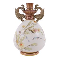 Royal Worcester blush Ivory vase, decorated with butterfly and insects amongst wild flower...