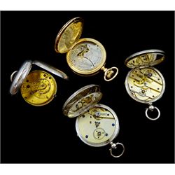 Early 20th century gold-plated full hunter keyless lever pocket watch by American Watch Company, Waltham, No. 8307335, white enamel dial with Roman numerals and subsiderary seconds dial, two silver pocket watches and a white metal pocket watch