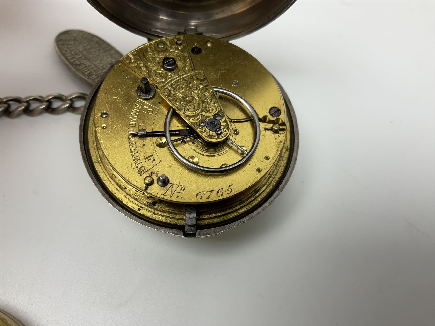 Victorian silver pair cased fusee lever pocket watch, No. 6765, cream enamel dial with Roman numerals, case makers mark R.S, Birmingham 1861, on silver Albert chain