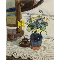 Douglas Coyne (British 1930-2008): Still Life of Flowers on the Dressing Table, watercolour signed and dated '94, 21cm x 17cm