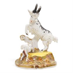 Early 19th century Staffordshire pearlware group by Ralph Salt, modelled as a sheep and lamb before a flowering bocage, impressed 'Salt' verso, H16cm, pair of similar Staffordshire pearlware sheep and ram and poodle group, numbered 198 beneath, with 'Max Bilbe Collection' label (4)