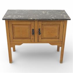 Edwardian walnut stained washstand, rectangular grey marble top, the base fitted with a pair of panelled cupboard doors with iron handles, raised on square tapering supports