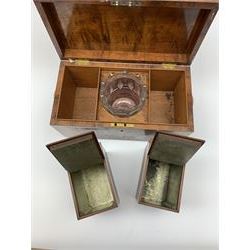 George III mahogany tea caddy, of rectangular form with twin lug handles, raised upon four compressed bun feet, the hinged cover opening to reveal two removable zinc lined canisters with hinged covers, flanking a central clear glass mixing bowl, H18cm L34cm D18cm