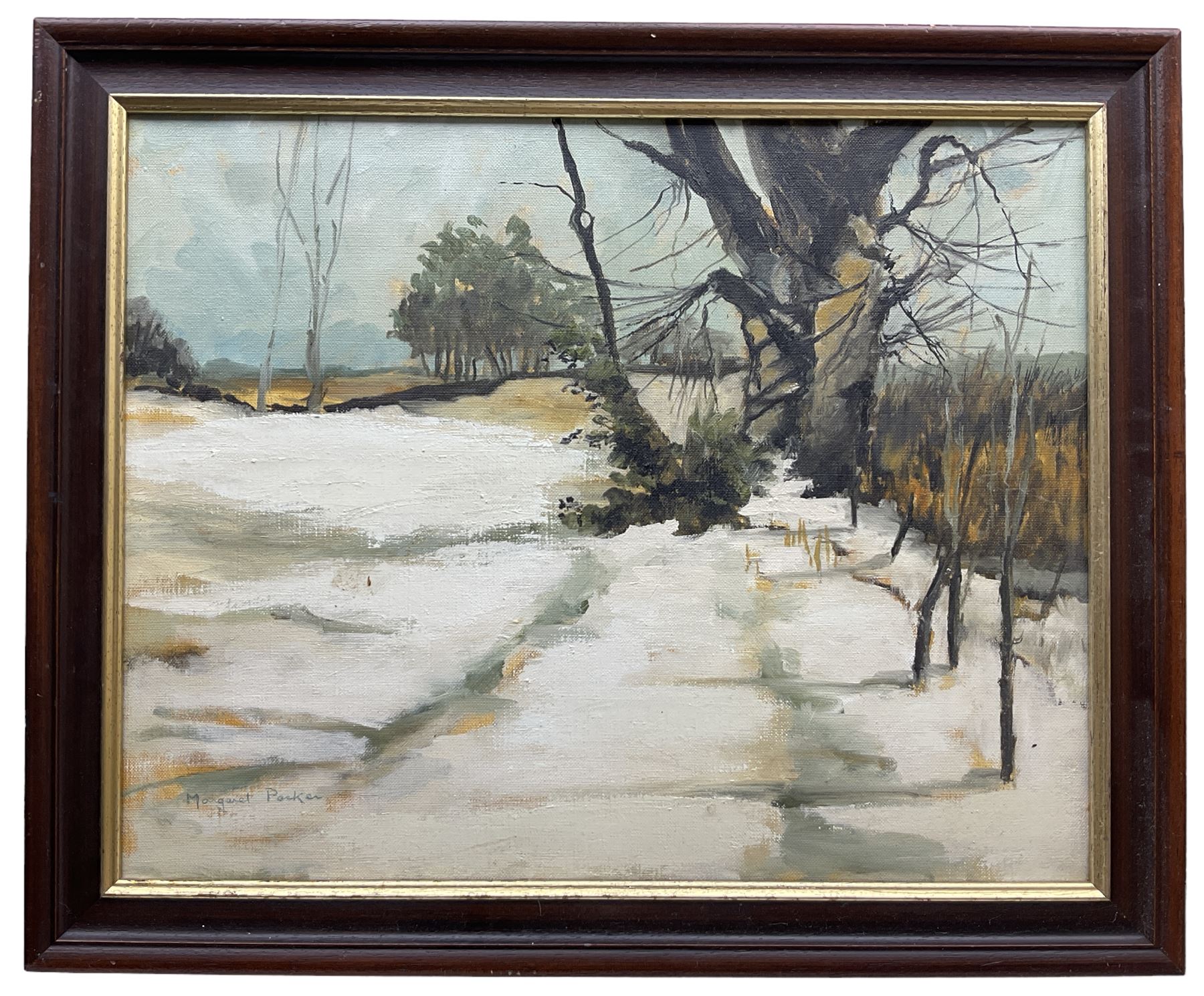 Margaret Parker (Northern British 1925-2012): 'Snow at Riplingham', oil on canvas signed, labelled verso 39cm x 49cm