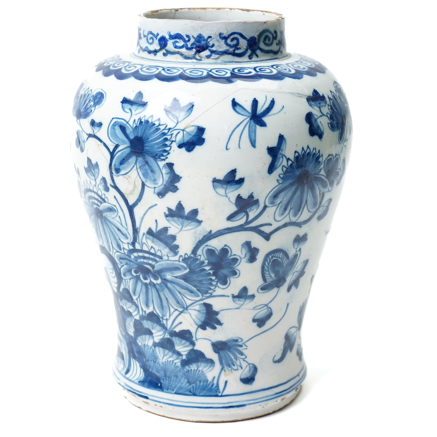 18th century Dutch Delft plate of fluted design decorated in blue and white with figures in a landscape D29cm and a Dutch Delft vase decorated in blue and white with oriental flowers H21cm (2)