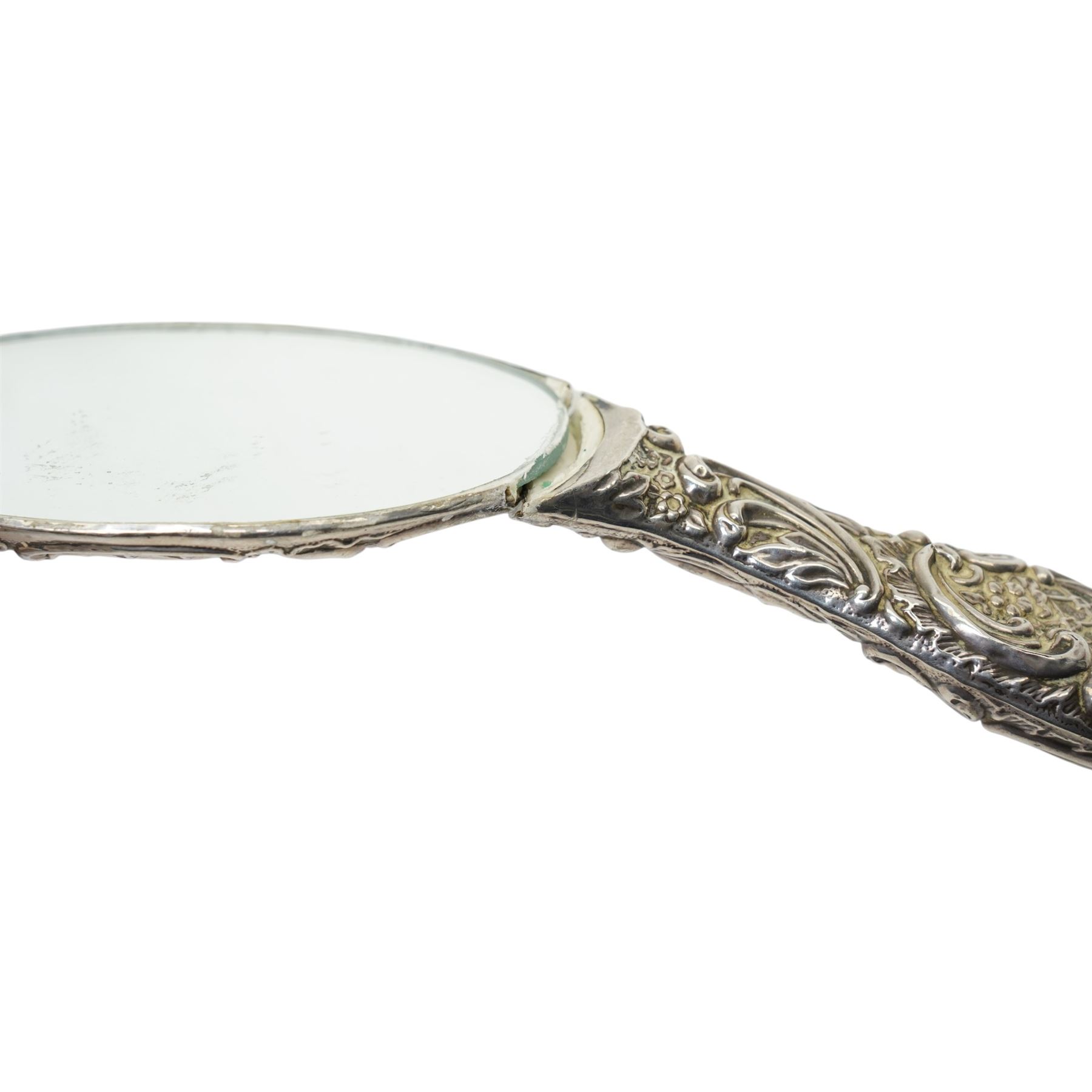 Silver sugar bowl, engine turned silver ashtray, silver napkin ring, silver backed mirror, two silver bladed and mother of pearl fruit knives etc