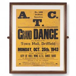 Two mid century dance posters for Driffield Town Hall, the first with black lettering on an ochre ground reading 'No.1233 Driffield Squadron' dated October 1943, the second with pink lettering on an ivory ground for the Ambulance Association, both in wooden frames, tallest H67.5cm