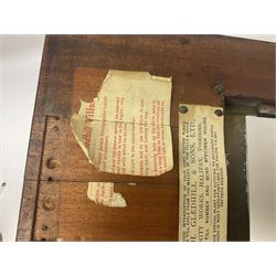 Wooden Gledhill till with paper labels to interior and a set of Salter scales with weights, till H17cm