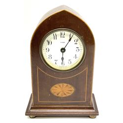 Edwardian mahogany and boxwood strung mantel lancet clock, the dial with black Roman numerals, marked 8 Day Made in U.S.A, upon four compressed bun type feet, H18.5cm