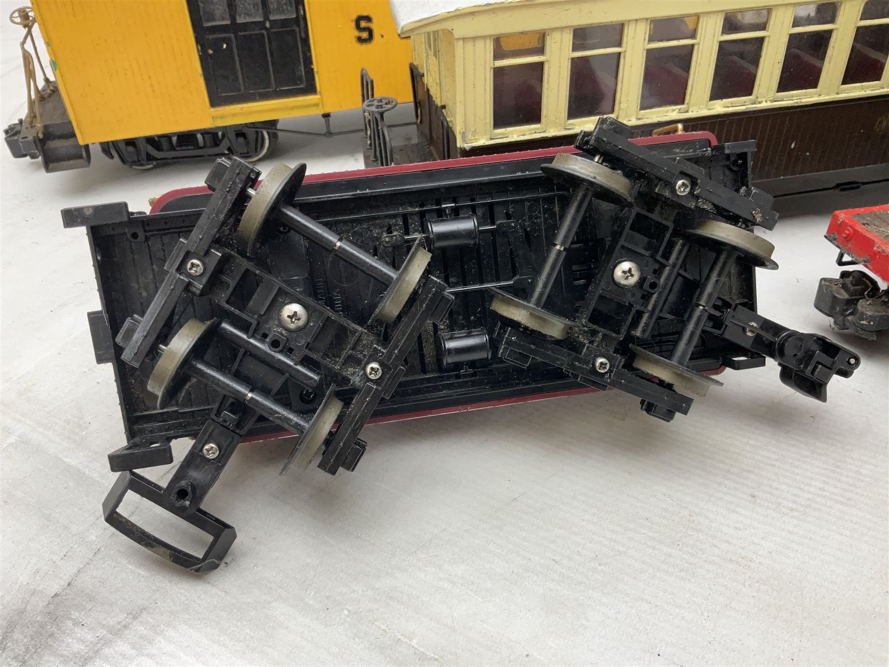 Six Bachmann G scale, gauge 1 rolling stock wagons and carriages, including tram coach, log carrier and tanker, etc, all unboxed 