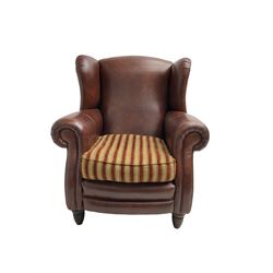 Gainsborough Lounge Suites - three piece leather and fabric lounge suite - pair two seat sofas (W225cm, H82cm, D105cm), and matching armchair (W88cm), on turned front feet with scatter cushions