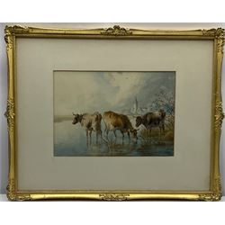 Attrib. Thomas Sydney Cooper (British 1803-1902): Cattle Watering, watercolour signed 24cm x 34cm