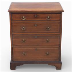 Edwardian mahogany bachelor chest with inlay, the rectangular crossbanded top with fine stringing over a graduated arrangement of four drawers fitted with brass swan neck handles, standing on a moulded plinth above bracket feet