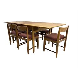 Bath Cabinet Makers BCM - mid-20th century teak extending dining table with butterfly action leaf, on shaped tapering supports (198cm x 92cm x 94cm), BCM - set six teak dining chairs with bar back and upholstered seats (48cm x 45xm x 73cm)