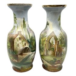 Pair of 20th century large Continental vases, of ovoid form, hand-painted with landscapes, H65cm