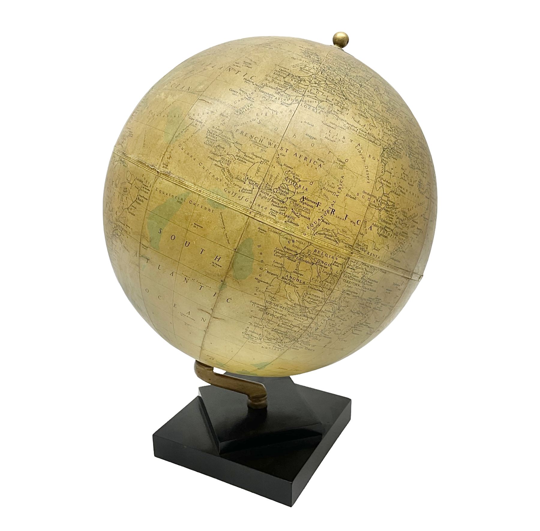 20th century terrestrial globe, raised on stepped square base, H34cm