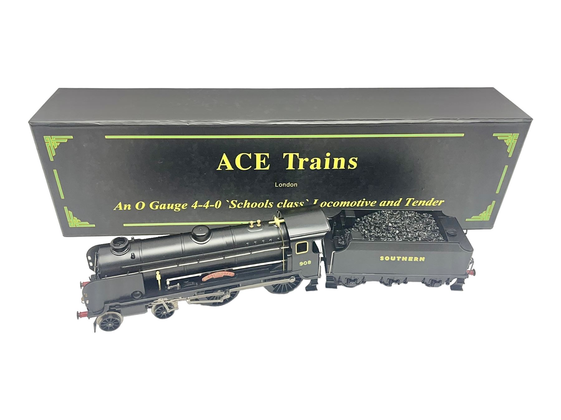 Ace Trains '0' gauge - E/10 Schools Class 4-4-0 locomotive 'Westminster' No.908 and tender in SR Wartime black; boxed with instructions, original packaging and invoice dated 26/09/2012 in outer delivery box