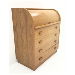 Late 20th century teak roll top bureau fitted with four drawers, W90cm, H100cm, D48cm