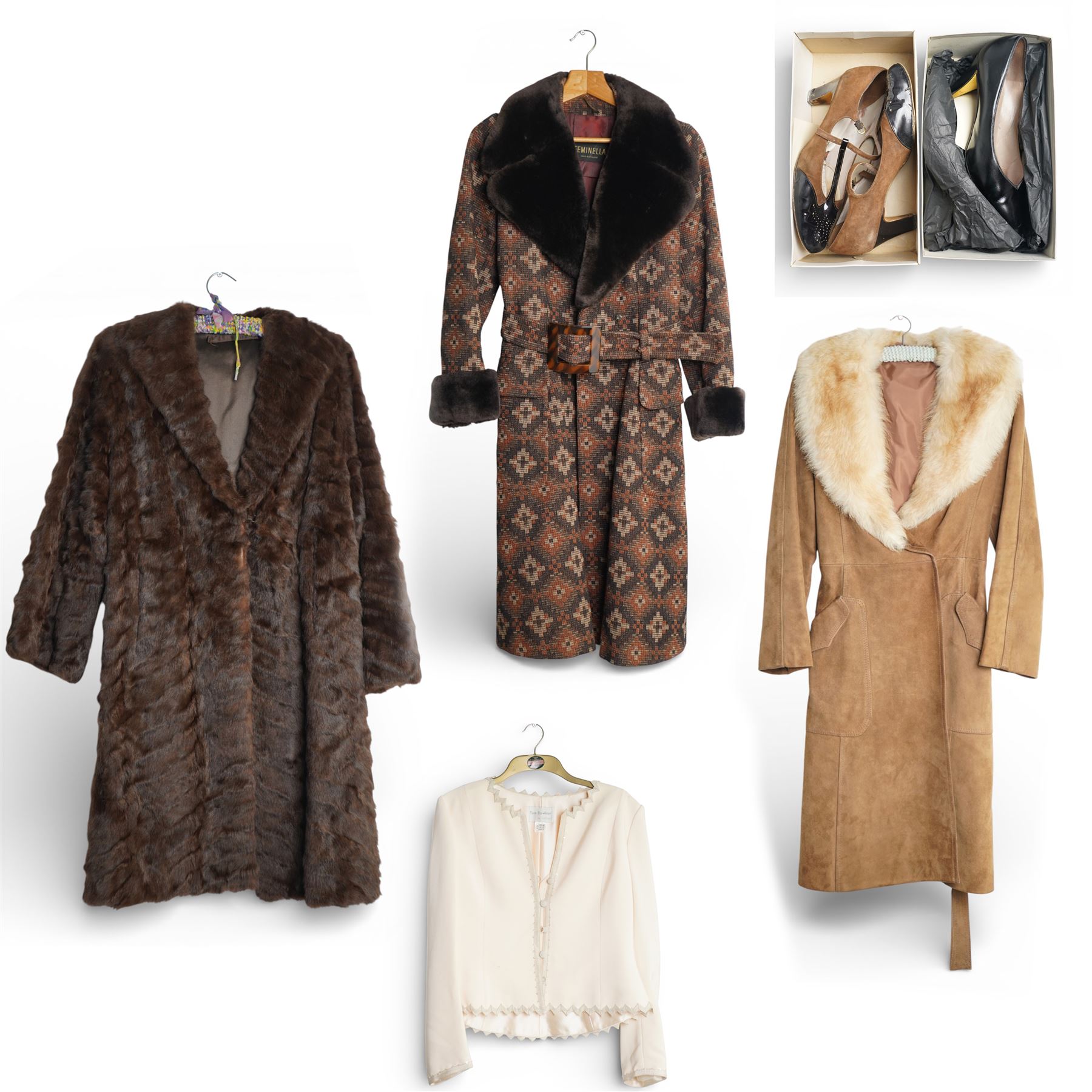Mink coat, 1970s lamb fur trimmed coat, suede coat and Tom Bawker cream coat, and two pairs of ladies shoes approx size 8 (6)