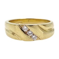 9ct gold three stone diamond, channel set ring, hallmarked