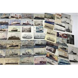 Sixty-five early 20th century postcards of passenger liners including White Star, Red Star, Atlantic Transport, Anchor, Cunard, Henderson, Booth, Union Castle, Holland America, Lamport & Holt, P. & O., New Zealand, Canadian Pacific, British India etc; and ten Edwardian postcards of Naval warships and officers (75)