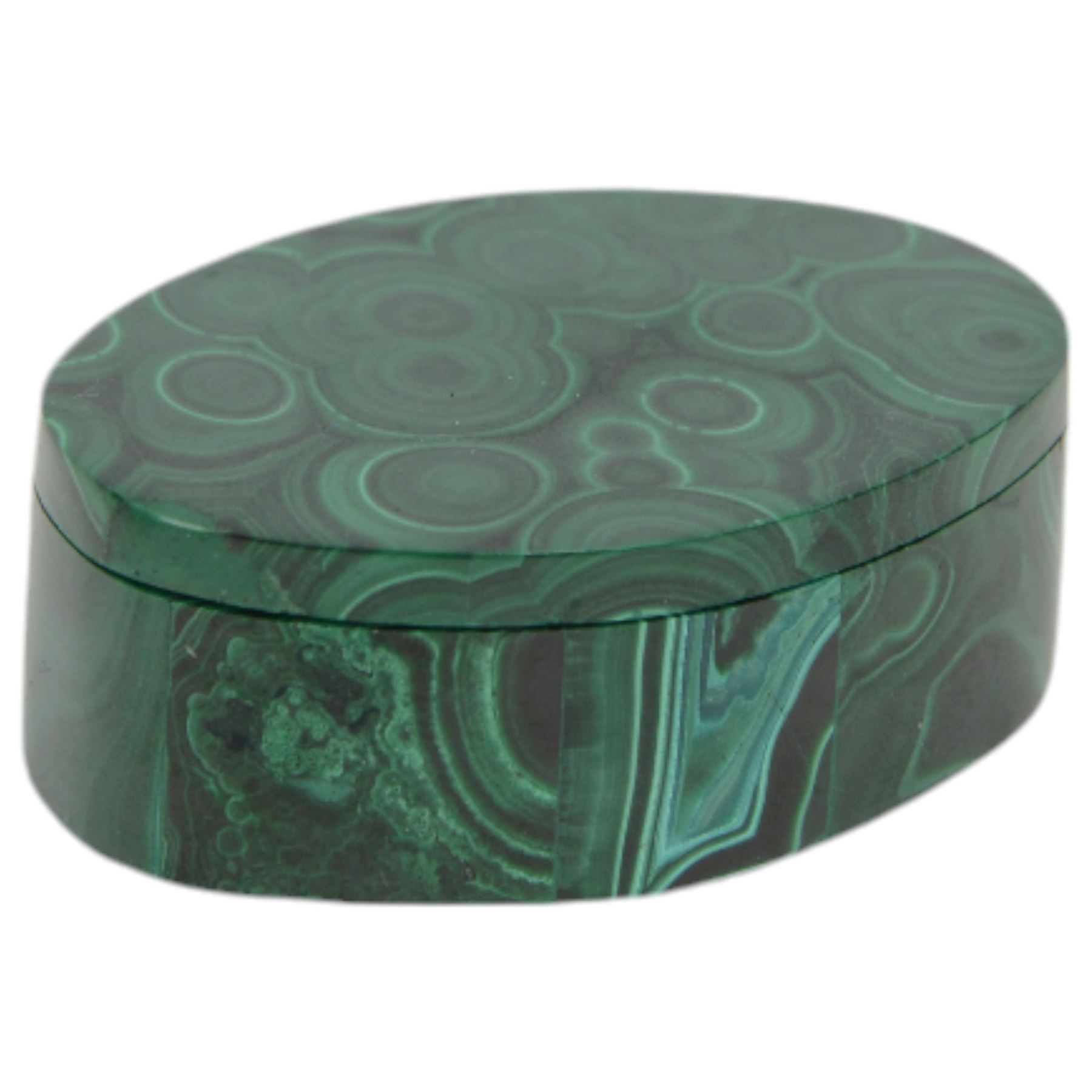 Mosaic malachite trinket box, of rectangular form, the hinged cover opening to reveal a black velvet interior, together with a smaller oval malachite box with removable cover, hinged box H4cm