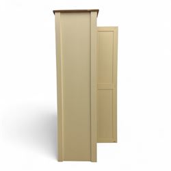 Contemporary painted pine single wardrobe, rectangular oak top over a single panelled door with round metal knob handle, enclosing part boarded interior with hanging rail and two fixed shelves
