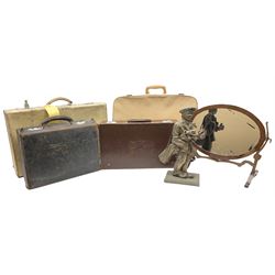 Four vintage suitcases for various sizes together with a swing framed dressing table mirror and brass companion stand