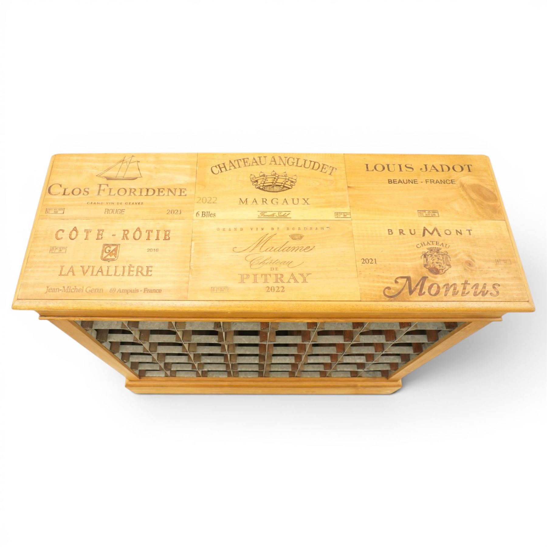 Traditional style pine wine rack, rectangular top with pyrography 'wine box' design, with apertures for fourty-eight bottles, on a plinth base