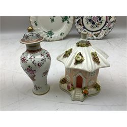 Mid 18th century Chelsea plate with gold anchor mark beneath, decorated with green floral sprays upon plain ground, the moulded cavetto shaped border with gilt rim, (A/F), D22cm, together with early 20th century Adams Tunstall Tokio pearlware slop bowl, Spode plate decorated in the Imari type pallette, with impressed and printed marks beneath, 19th century Indian Tree pattern breakfast cup and saucer, small polychrome enamelled vase and cover in the style of Samson of Paris, with marks beneath, and a pastille burner