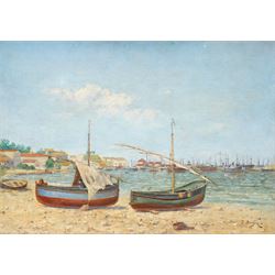 J Person (French School Early 20th Century): Impressionist Scene of Beached Sail Boats, oi...