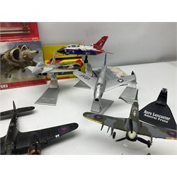 Thirteen unboxed Corgi Aviation Archive or similar die-cast models of aircraft, most with stands; Airfix 1:72 scale construction kit for BAe Harrier GR3; and two boxed Shell Collection die-cast models of cars