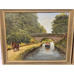 J H Robinson (British 20th century): Canal and Lake Landscape, pair oils on board, signed and dated 1982 (2)