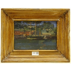 Impressionist School (Early 20th century): Three Masted Boat by the Quayside, oil on panel unsigned, James Bourlet & Son framer's label verso 16cm x 24cm
