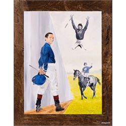 Steven J Allen (British Contemporary): Portraits of Franki Dettori, oil on board signed 49cm x 39cm 