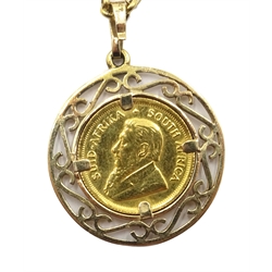  1981 gold 1/10 Krugerrand, loose mounted in gold pendant on gold necklace, both hallmarked 9ct  