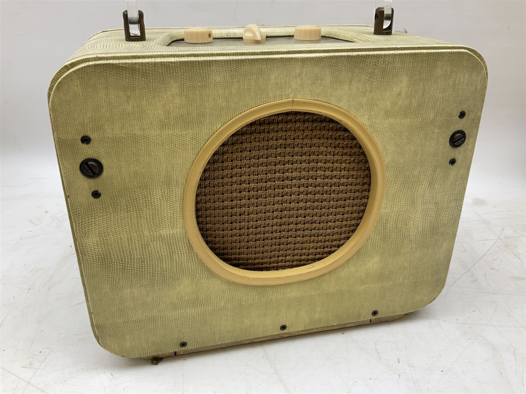 1950s Pye Type P43 cabinet radio in cream Bakelite case with orange knobs, W30cm H22cm D16cm, together with Ever Ready Sky Queen portable radio, Ekco portable radio in red case, Boxed Bush Special Edition 2002 Queens Golden Jubilee radio, Hacker Herald VHS radio (5)